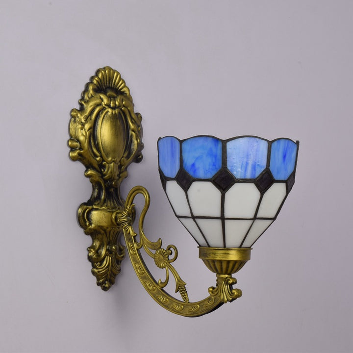 Traditionelle 1-flammige Tiffany-Wandleuchte aus Eisen mit Buntglas, Kristall und Blumenmotiv für das Wohnzimmer 