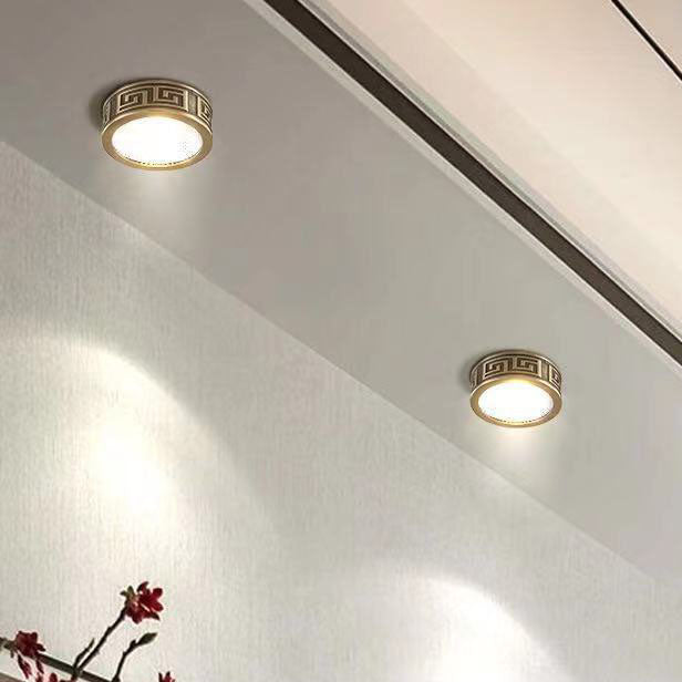 Traditional Chinese Cylinder Brass Frame Spotlight LED Flush Mount Ceiling Light For Living Room