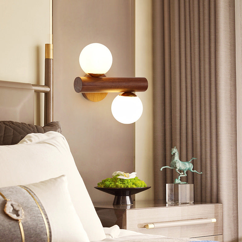 Traditional Japanese Metal Rubber Wood Walnut Glass Cylinder Strip Ball 2-Light Wall Sconce Lamp For Bedside
