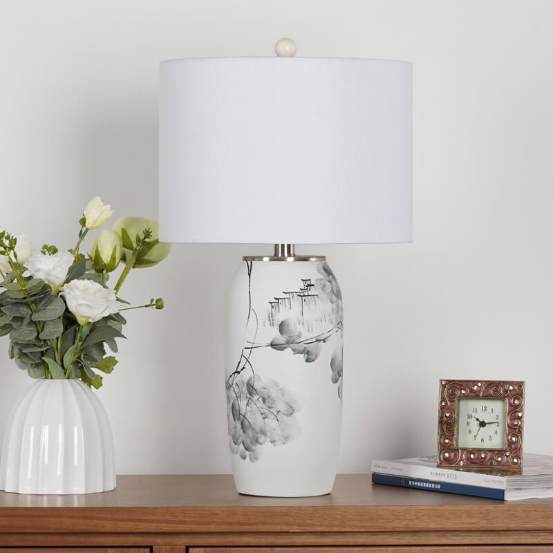 Modern Chinese Ink Painting Ceramic Fabric 1-Light Table Lamp