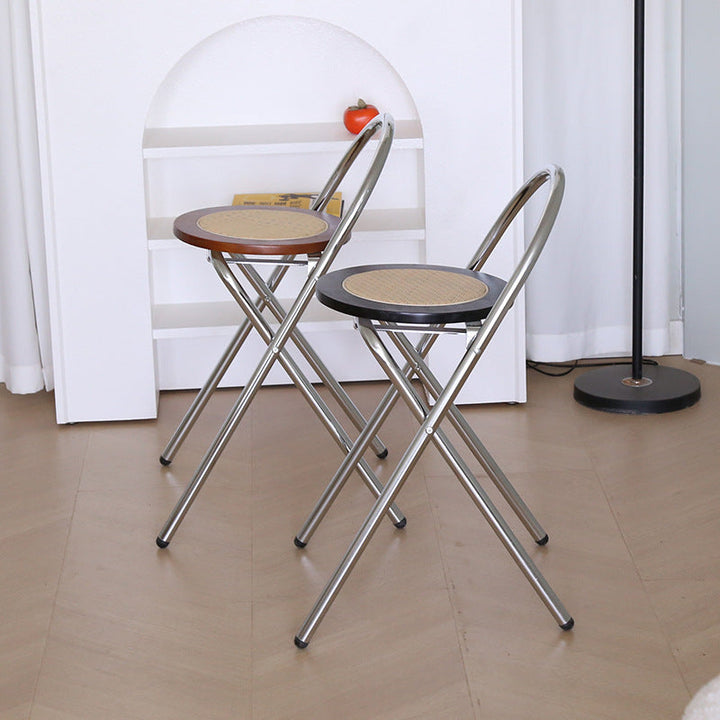 Silla de comedor plegable con respaldo de madera maciza redonda vintage tradicional, ratán sintético y tejido de acero inoxidable para comedor 