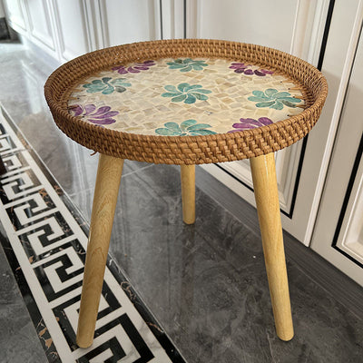 Table d'appoint ronde en bois et rotin fait main rustique traditionnel pour salon 