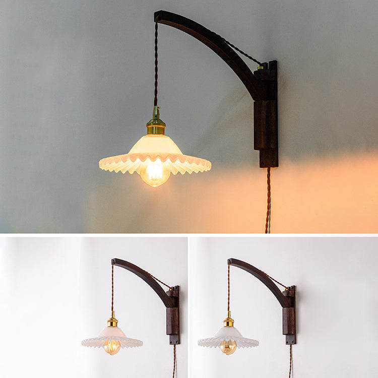Traditional Japanese Walnut Glass Ceramic Conic Prism 1-Light Wall Sconce Lamp For Bedside