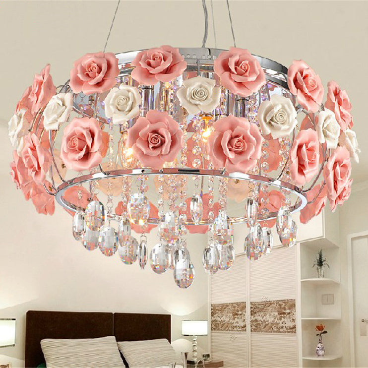 Moderne minimalistische Rose Runde Kristall Zweig Kristall Eisen 5/6 Licht Kronleuchter für Wohnzimmer 
