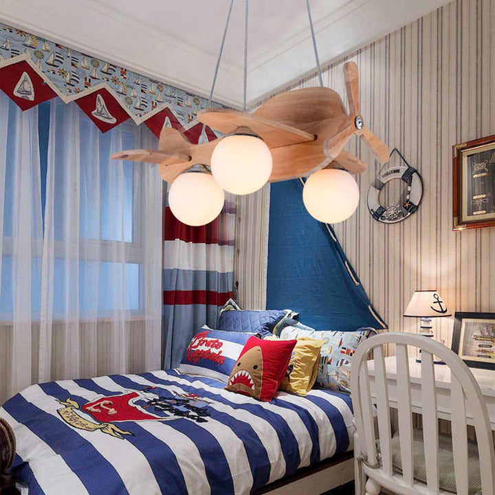 Contemporary Creative Wooden Board Propeller Plane 3-Light Kids Chandelier For Living Room