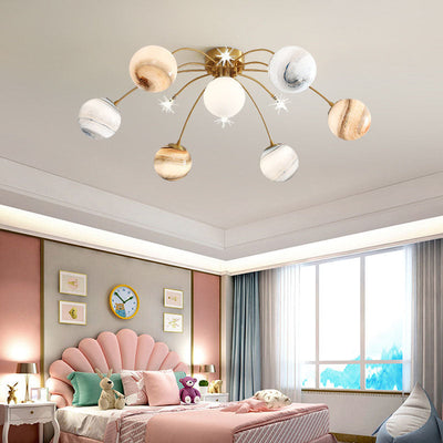 Zeitgenössische Creative Planet Kids Eisen Glas 13-Licht Semi-Flush Mount Deckenleuchte für Schlafzimmer 