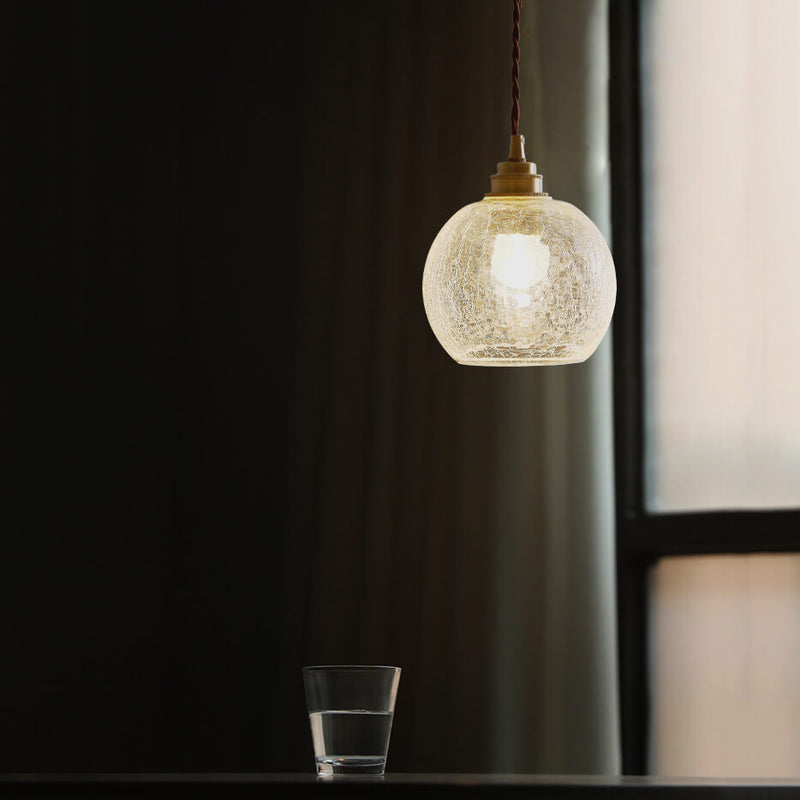 Japanese Vintage Round Crackle Glass Brass 1-Light Pendant Light