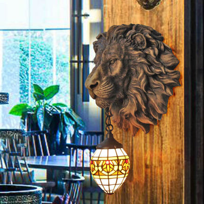 Traditional Tiffany Creative Resin Lion's Head 1-Light Wall Sconce Lamp For Dining Room