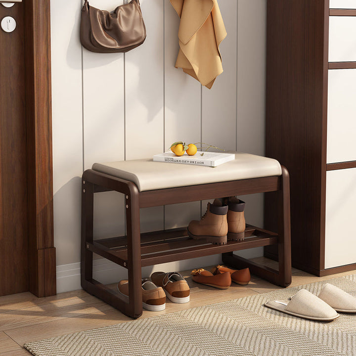 Modern Minimalist Rectangular Faux Leather Solid Wood Shoe Storage 1-Shelf For Entryways