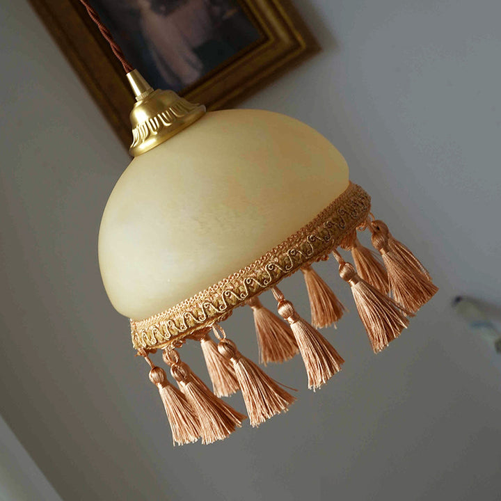 Suspension Luminaire en Tissu de Verre Cuivre à Pompon Rond Traditionnel Français 1 Lumière pour Salon 