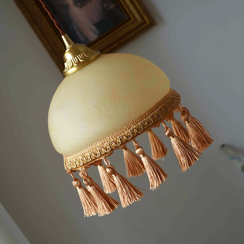 Traditionelle französische runde Quaste Glas Kupfer Stoff 1-Licht Pendelleuchte für Wohnzimmer 