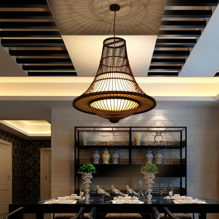 Suspension Luminaire en Bambou Tressé Japonais Traditionnel à 1 Lumière pour Salon 