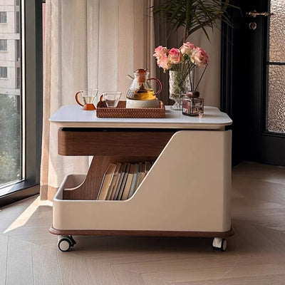 Table d'appoint réglable en hauteur avec plateau en pierre frittée rectangulaire nordique contemporain à roulettes à 3 niveaux pour salon 