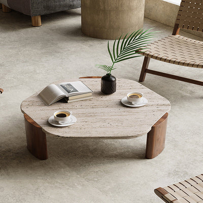 Mesa de centro contemporánea nórdica hexagonal de travertino con 3 patas de madera para sala de estar 