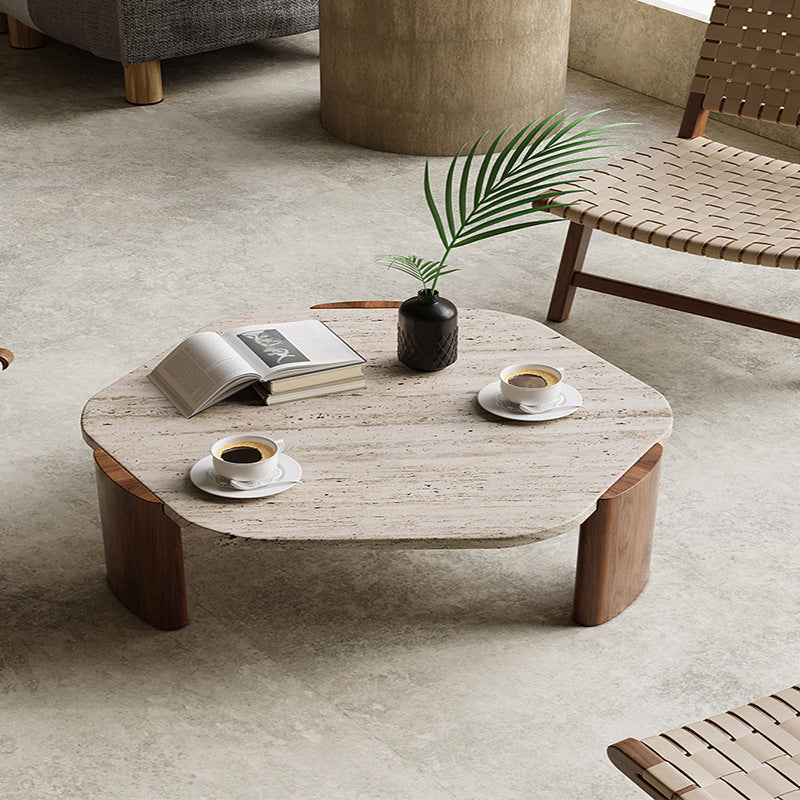 Mesa de centro contemporánea nórdica hexagonal de travertino con 3 patas de madera para sala de estar 