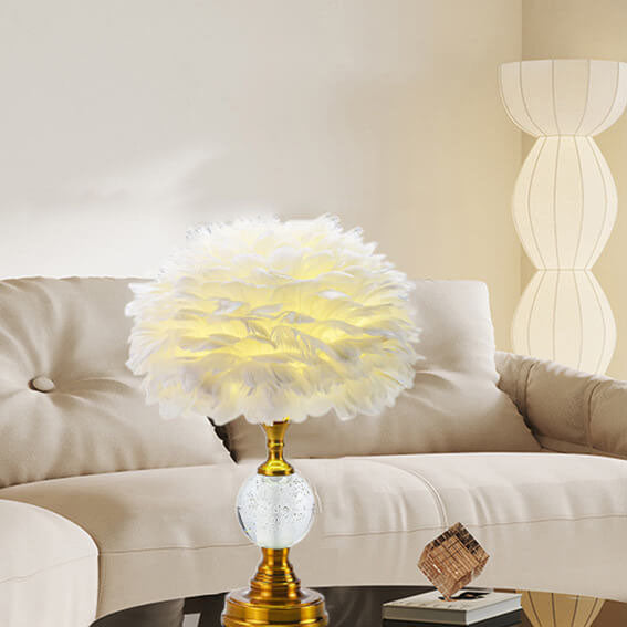Pantalla de lámpara de plumas redonda de hierro creativo nórdico 1-luz lámpara de mesa 