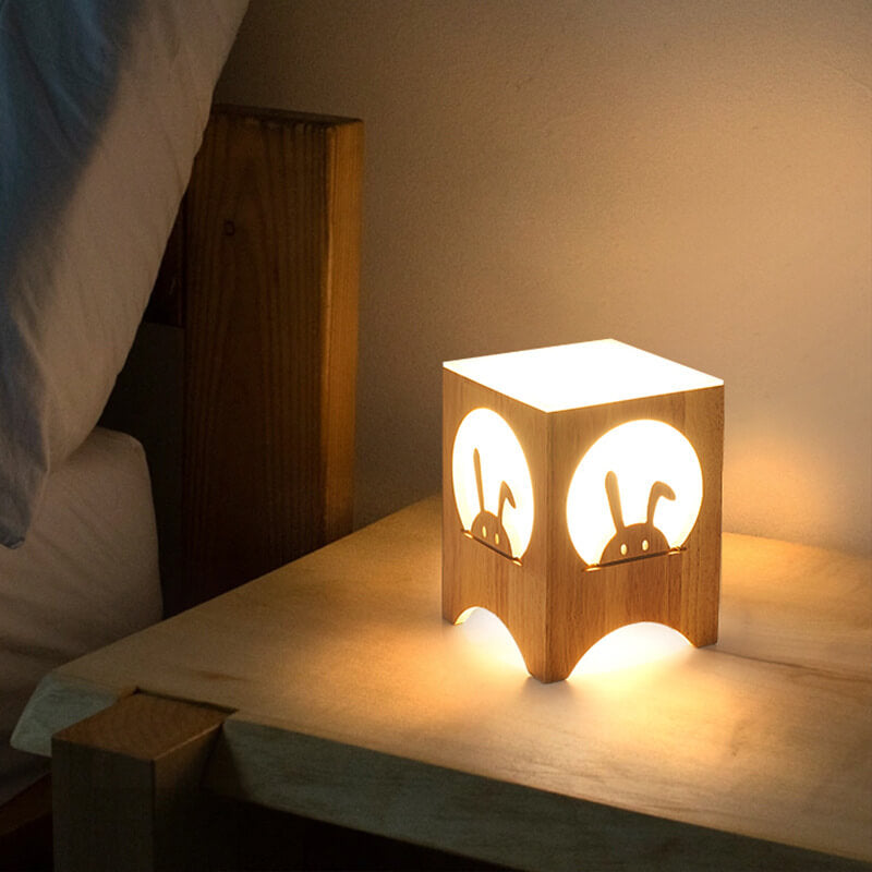 Japanese Harajuku Solid Wood Hollow Pattern Cube Acrylic 1-Light Table Lamp