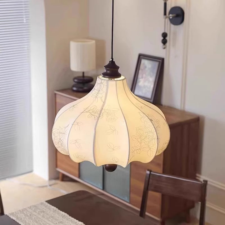 Suspension Luminaire Traditionnel Vintage en Forme de Châtaigne Ronde en Tissu Bois Massif 3/5 Lumières pour Salon 