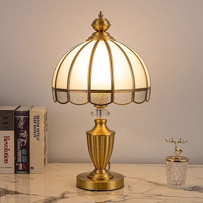 Chinese Vintage Brass Water Pattern Glass Dome 1-Light Table Lamp