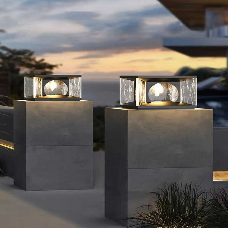 Moderno Minimalista Solar Impermeable Rectángulo Acero Inoxidable Vidrio LED Poste Luz de Cabeza Para Patio Exterior 