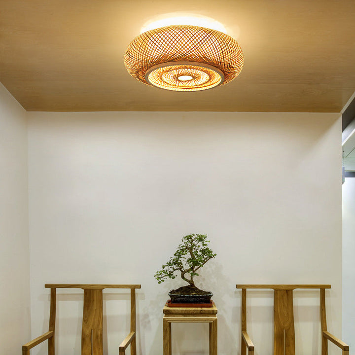 Plafonnier en bambou PVC à une lumière avec monture affleurante, style vintage traditionnel et squelette rond pour salon 