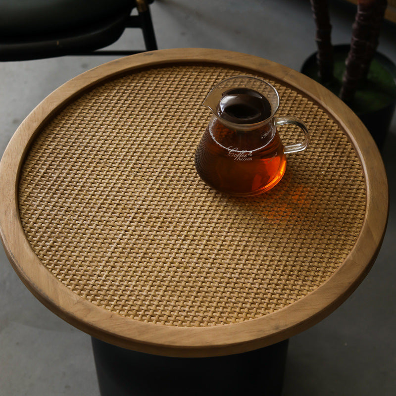 Traditional Vintage Round Rattan Iron Pine Coffee Table 1-Tier For Living Room