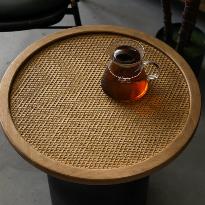 Traditional Vintage Round Rattan Iron Pine Coffee Table 1-Tier For Living Room