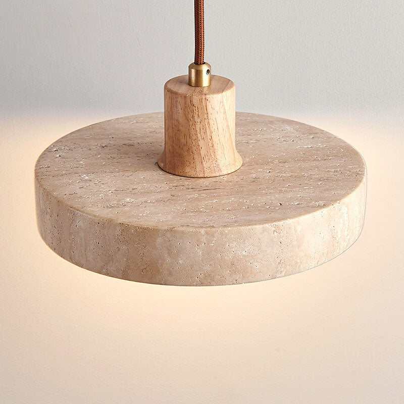 Japanese Minimalist Solid Wood Disc Yellow Travertine Base 1-Light Pendant Light