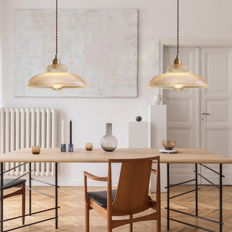 Traditionelle Vintage gerippte Glasscheibe Schirm Messing 1-flammige Pendelleuchte für Wohnzimmer 