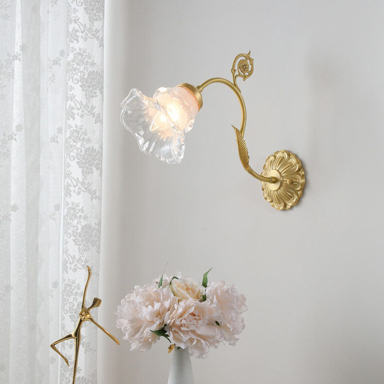 Traditional French Glass Flower Copper 1-Light Wall Sconce Lamp For Living Room