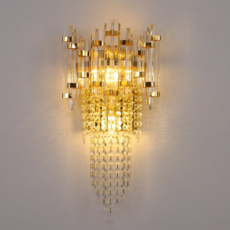 Applique Murale Moderne en Acier Inoxydable Doré de Luxe avec Pampilles en Cristal et 2 Lumières pour Salon 