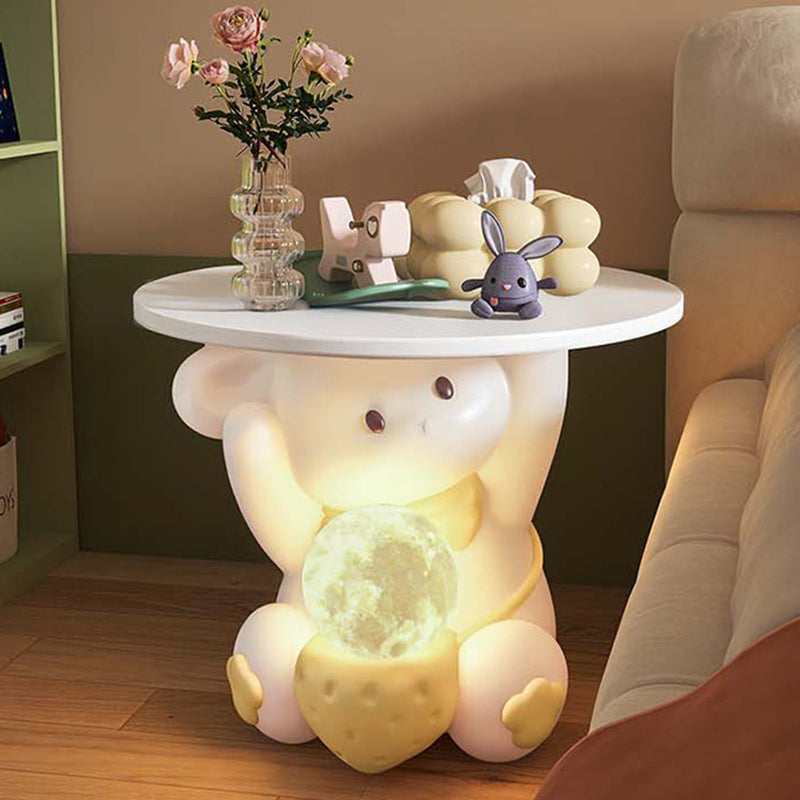 Moderner Art Deco Kinderhasen-Rundteller Rechteckige Schublade Harz Holz Emaille Nachttisch mit 1 Schublade und LED-Licht für das Schlafzimmer 