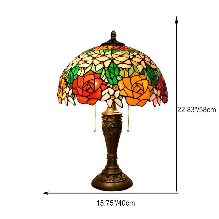 Lampe de table à deux lumières avec abat-jour en verre teinté résine Tiffany Rose traditionnel pour chambre 