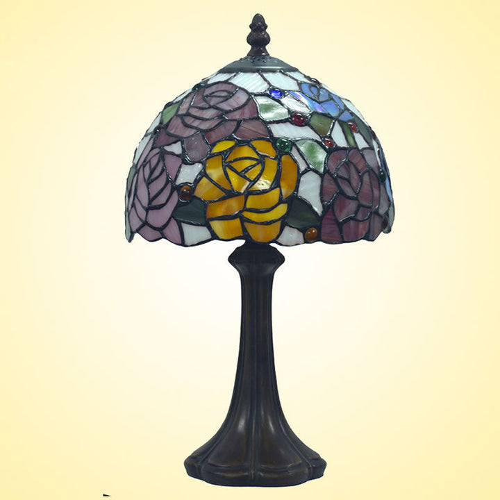 Lampe de table Tiffany traditionnelle en forme de dôme rond en alliage de zinc avec verre teinté à 1 lumière pour chambre 