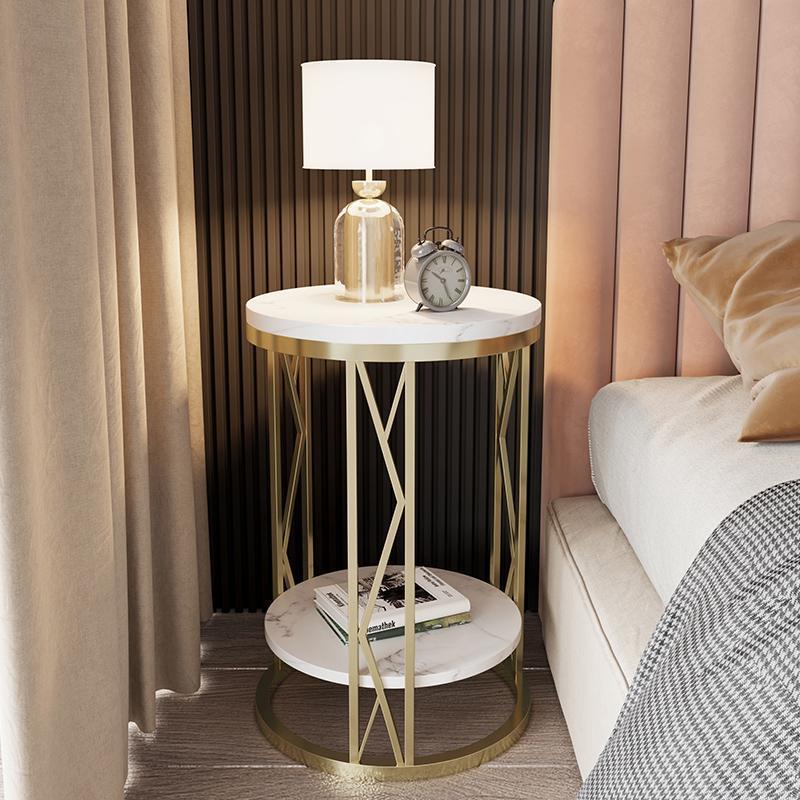 Mesa de Centro Moderna de Lujo Redonda con Tapa de Hierro y Estante de Roca para Sala de Estar 