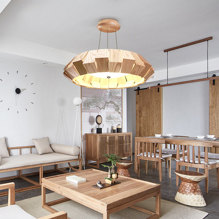 Zeitgenössische skandinavische Runde fliegende Untertasse Holz Glas LED Kronleuchter für Wohnzimmer 