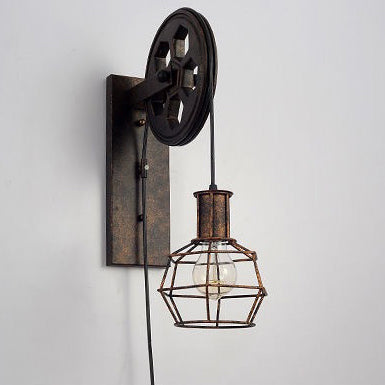 Traditional Vintage Iron Cage Pulley Liftable 1-Light Wall Sconce Lamp For Dining Room