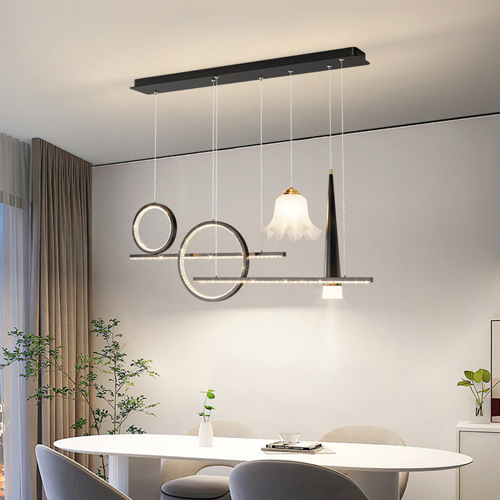 Zeitgenössischer luxuriöser geometrischer Ring-Glaskugel-Schirm LED-Kronleuchter Insellicht für Wohnzimmer 