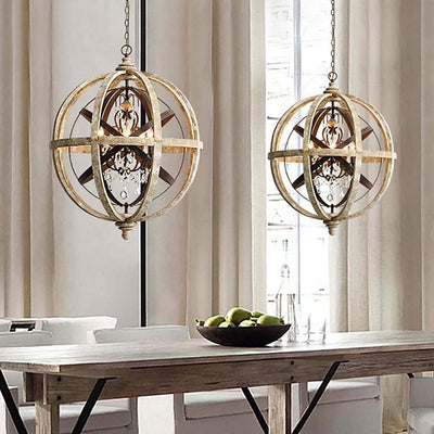 Lustre Rustique Traditionnel en Bois Vieilli avec Sphère en Cristal 4/5 Lumières pour Salon 