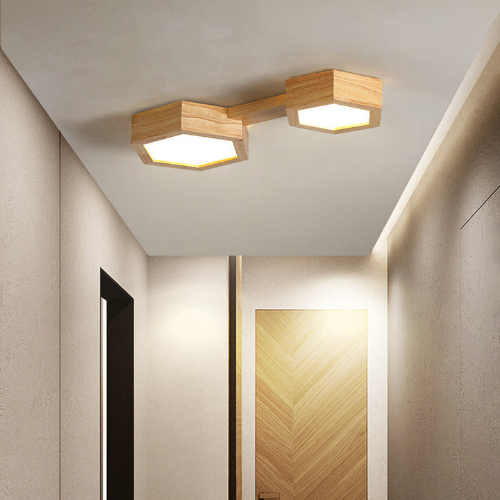 Plafonnier à montage affleurant LED en acrylique et bois hexagonal traditionnel japonais pour salon 