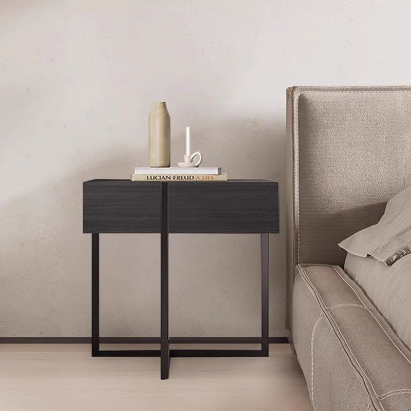 Table de chevet moderne en bois massif et acier inoxydable rectangulaire avec 2 tiroirs pour chambre à coucher 