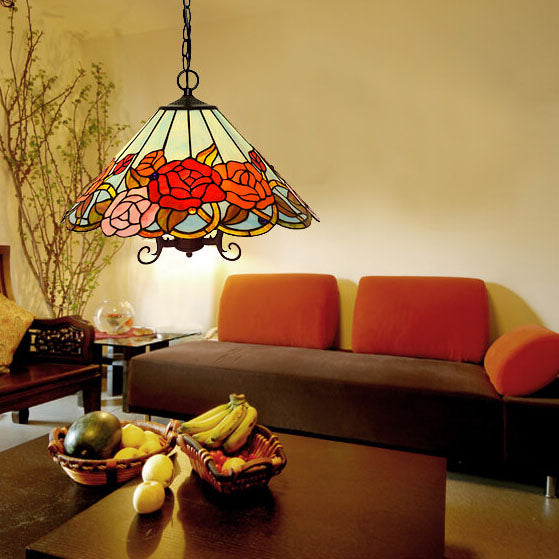 Vintage Tiffany Rose Flower Decor Stained Glass 3-Light Chandelier
