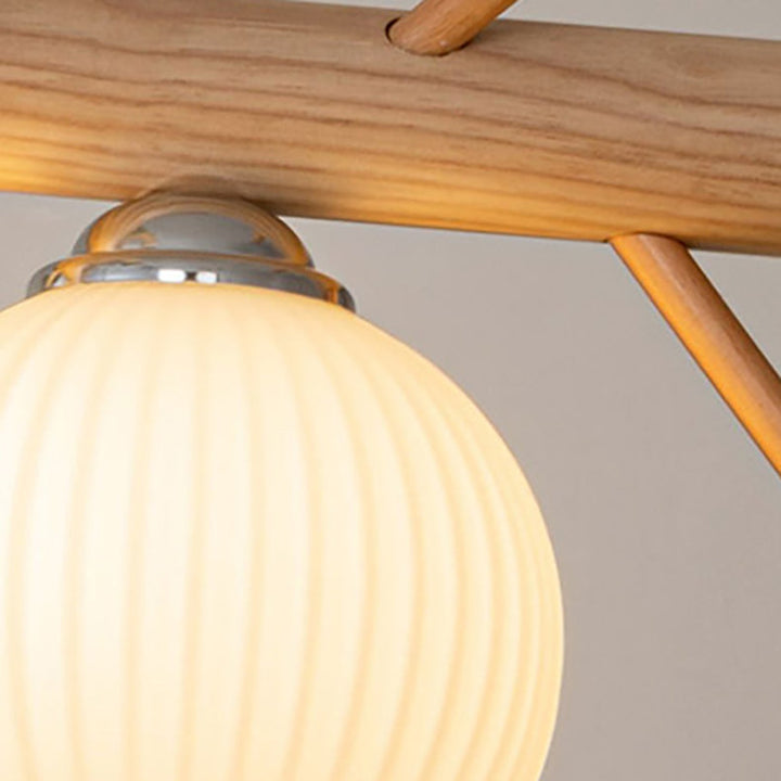 Lustre à 3 lumières avec abat-jour rond en verre et bandes de bois traditionnelles japonaises pour salon 