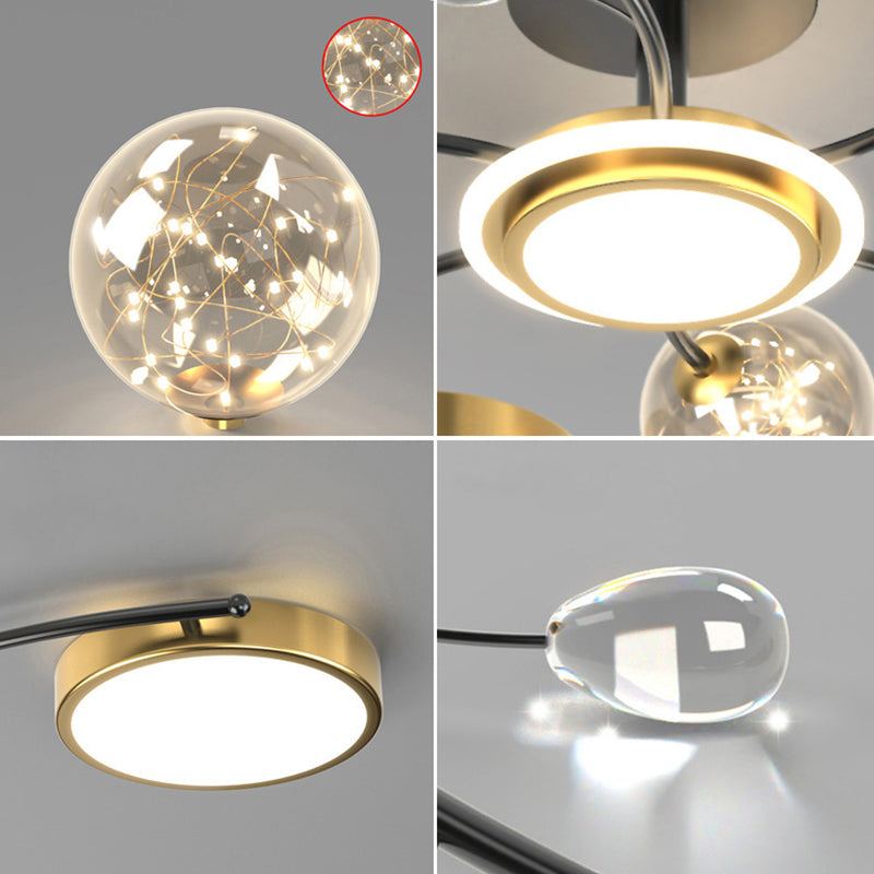 Moderner LED-Kronleuchter mit Eisenrahmen aus der Mitte des Jahrhunderts, Glasblase, für Wohnzimmer 