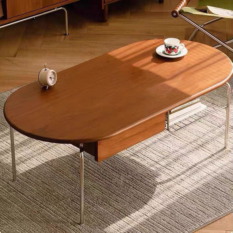 Mesa de café moderna minimalista ovalada con base de madera y vidrio, panel con 1 cajón para sala de estar 