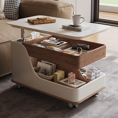 Table d'appoint réglable en hauteur avec plateau en pierre frittée rectangulaire nordique contemporain à roulettes à 3 niveaux pour salon 