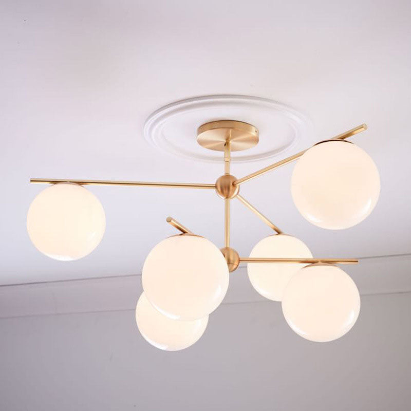 Zeitgenössische nordische Kugelzweig-Deckenleuchte aus Eisen und Kupferglas mit 3/6 Lichtern, halbbündige Deckenmontage für Wohnzimmer 