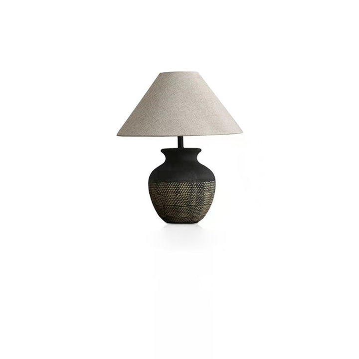 Traditional Japanese Cone Fabric Round Ceramic Jar Base 1-Light Table Lamp For Bedroom
