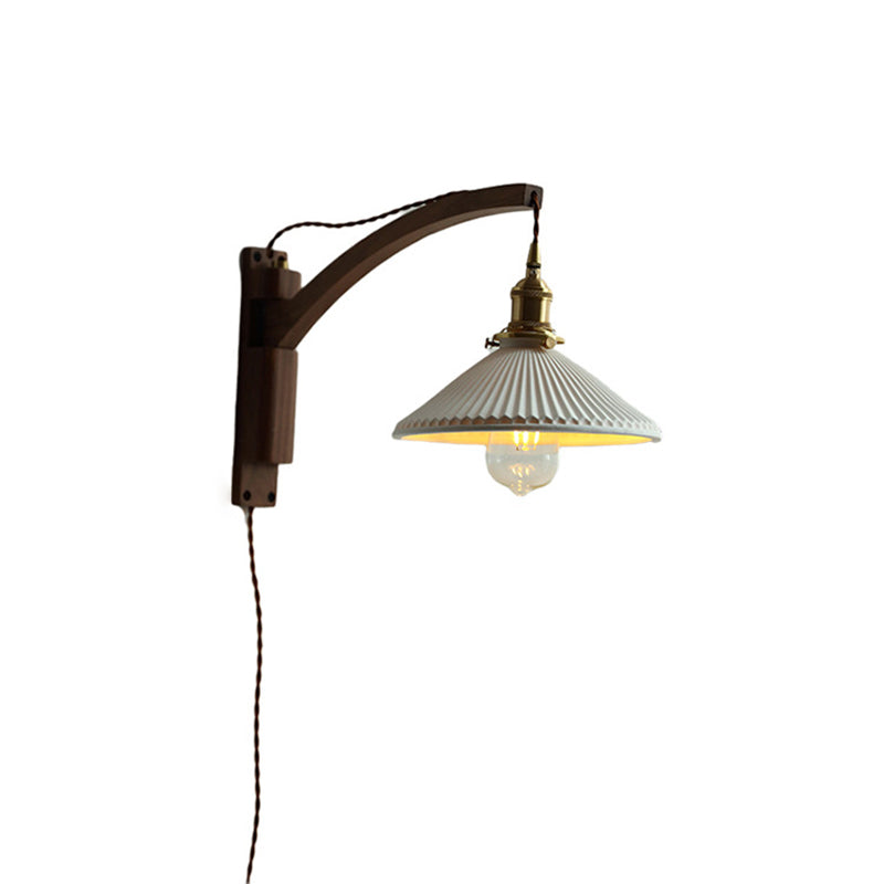 Traditional Japanese Walnut Glass Ceramic Conic Prism 1-Light Wall Sconce Lamp For Bedside