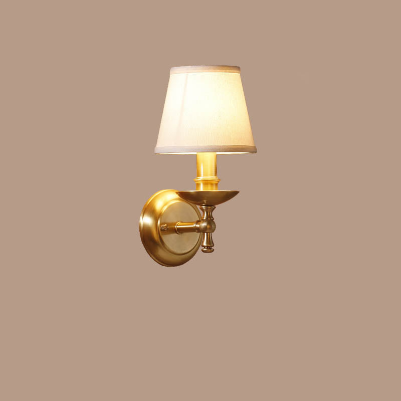 Traditional European Trapezoidal Candelabra Copper Fabric 1-Light Wall Sconce Lamp For Bedroom